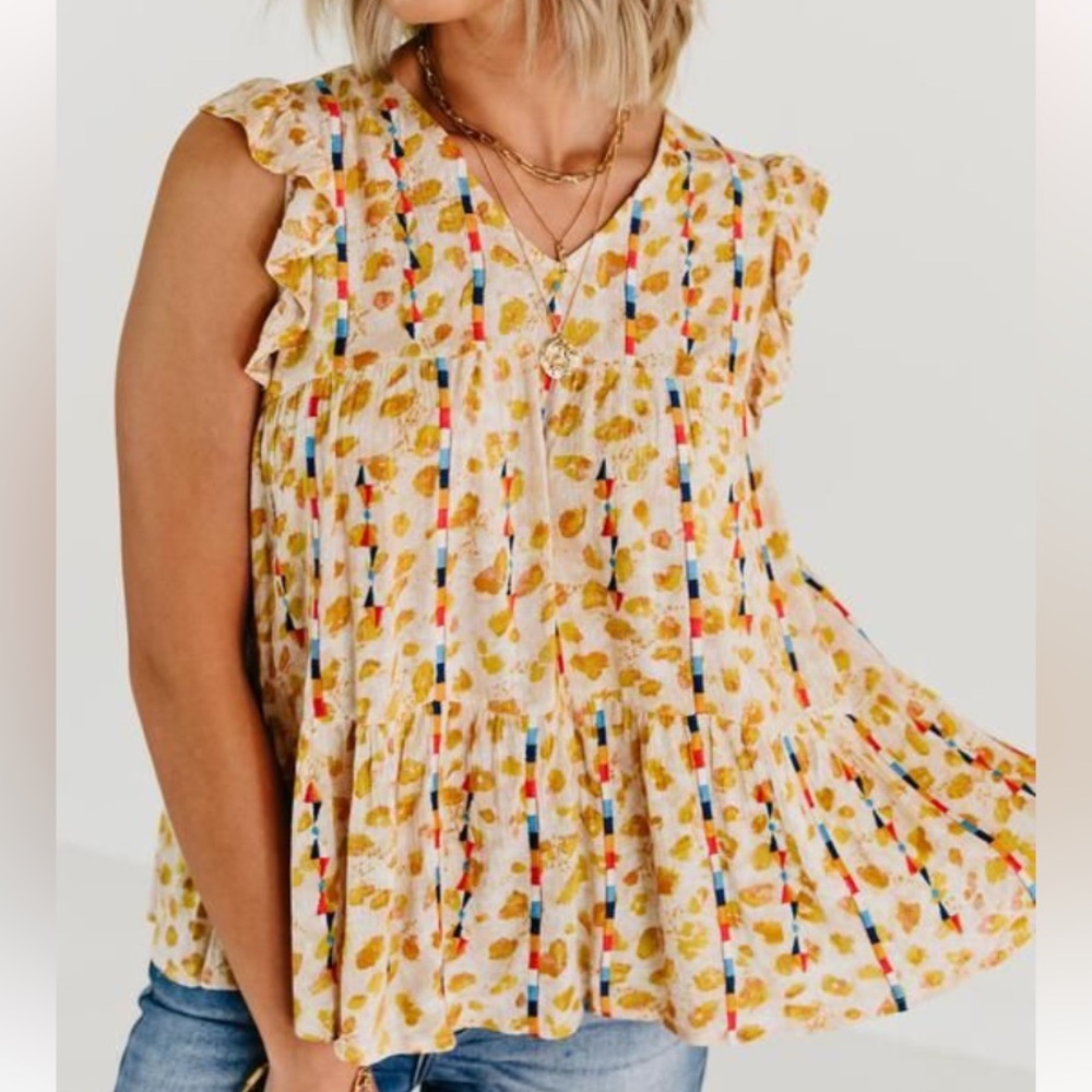 Savanna Jane Cream Floral Flutter Sleeve Top with Colorful Stripe Detail